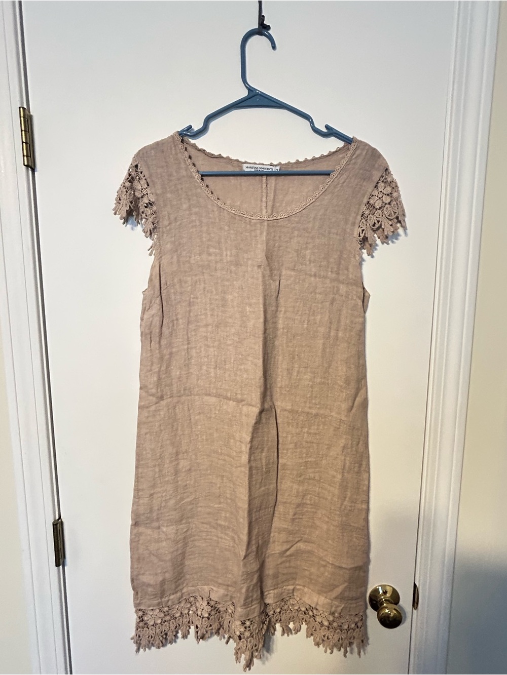 Crochet-Trim Linen-Blend Midi Dress in Taupe